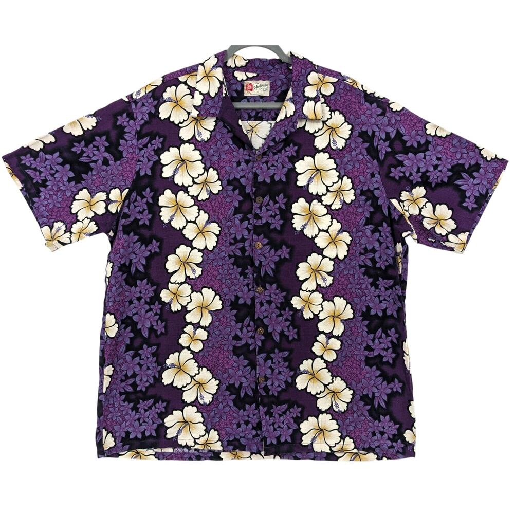 Vintage Cotton Crepe HILO HATTIE Men's Hawaiian Aloha Shirt Purple Floral ~ 3XL